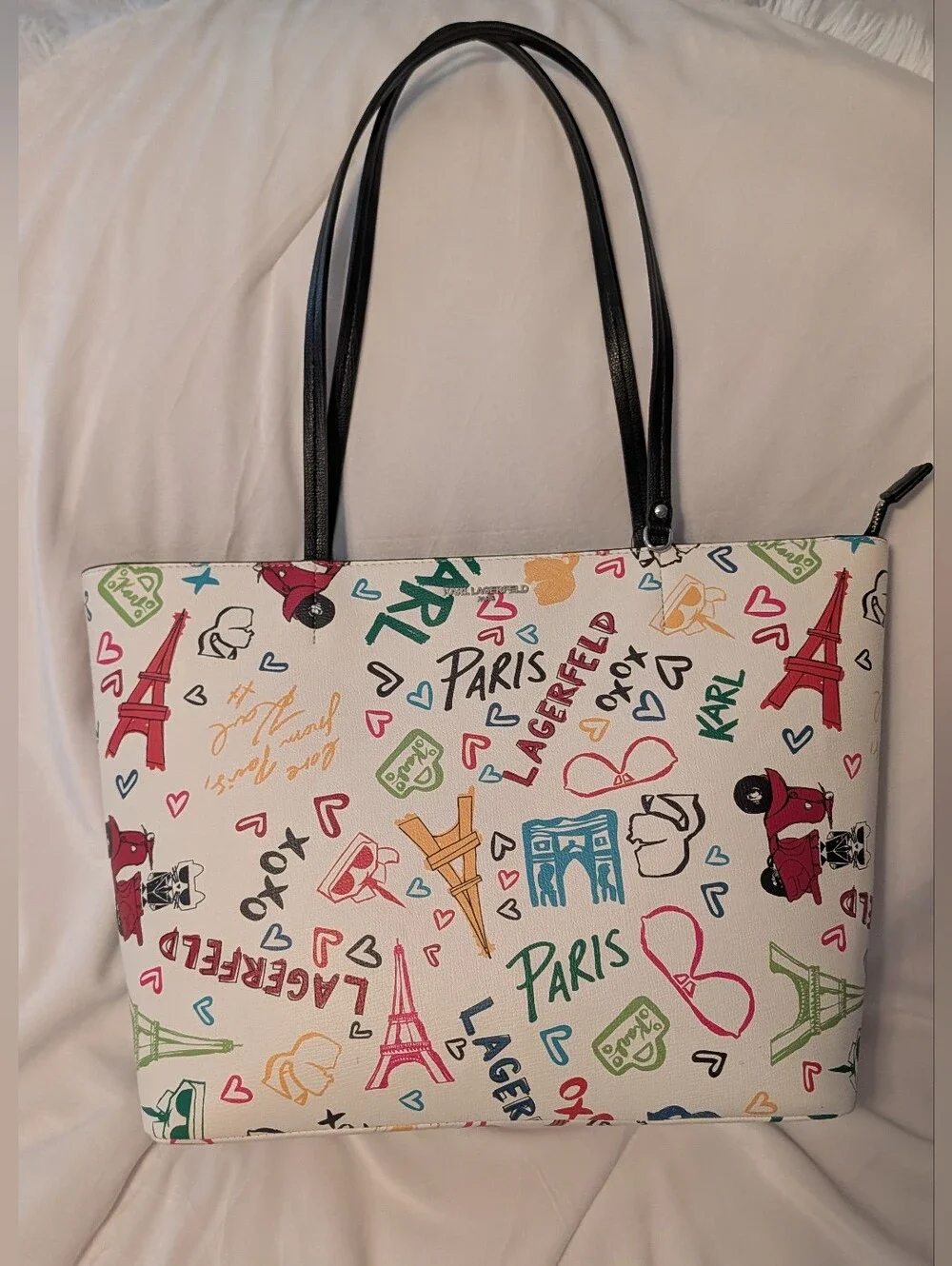 Karl Lagerfeld Paris Adele Tote Bag Graffiti Print White Multi NWT Missing Charm